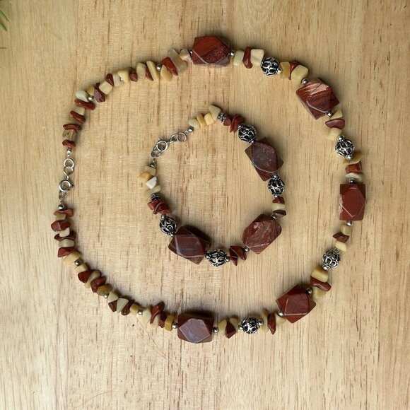 VTG CW 16" Necklace w Matching 6.75 Bracelet Stone Beads Tribal 925 Sterling 16" - Picture 1 of 12